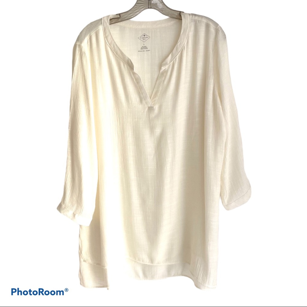 St Johns Bay White V Neck Tunic Top 3/4 Sleeves Size Large